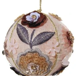 ShiShi Fabric Ball Ornament With Beaded And Embroidered Flowers, Pink Christmas