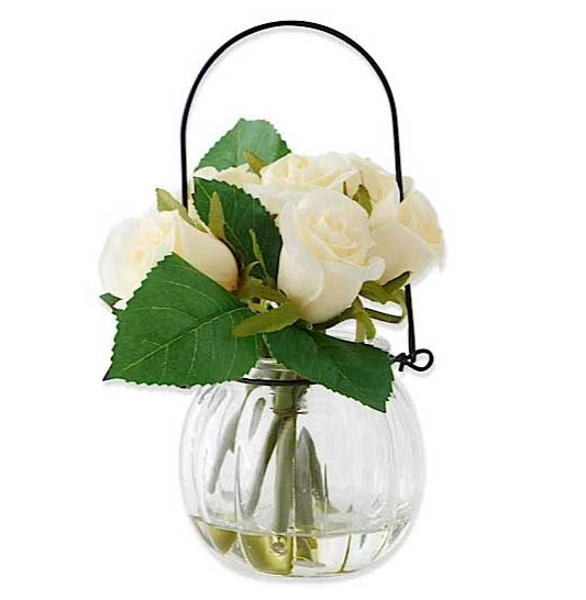 K&K Interiors Faux White Roses In Vase With Wire Hanger 3 K&K Interiors Faux White Roses In Vase With Wire Hanger