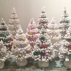 Cody Foster Snowy Flocked Bottle Brush Trees With Multi Color Balls New!