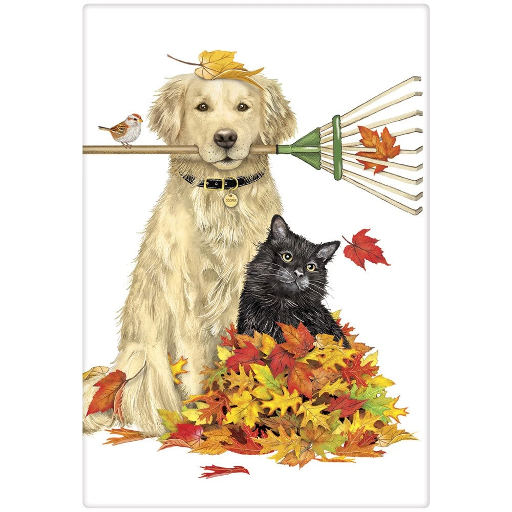 Mary Lake-Thompson Golden Retriever & Cat Raking Leaves Towel New! 3 Mary Lake-Thompson Golden Retriever & Cat Raking Leaves Towel New!