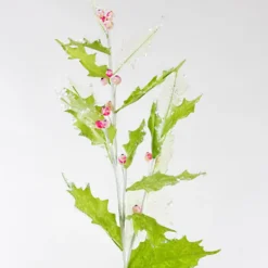 Katherine's Collection Iced Holly Spray, Lime Green Leaves And Pink Berries - Set Of 3