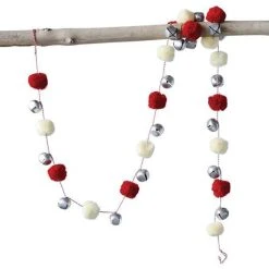 Creative Co-Op Jingle Bell Garland With Red And Cream Pom Poms
