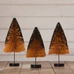 Bethany Lowe Orange Bottle Brush Trees With Black Glitter