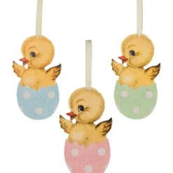 Bethany Lowe Retro Easter Chicks In Polka Dot Egg Ornaments