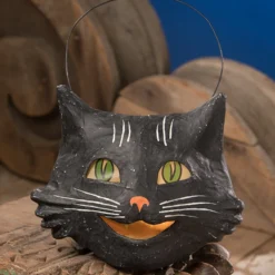 Bethany Lowe New! Vintage Happy Cat Bucket, Paper Mache